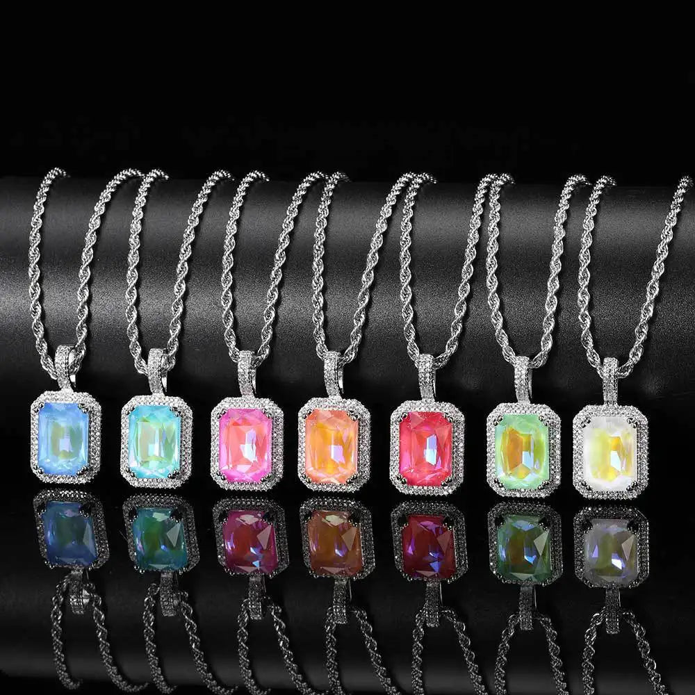 Men Ornaments Square Zircon Gemstone Necklace Pendant