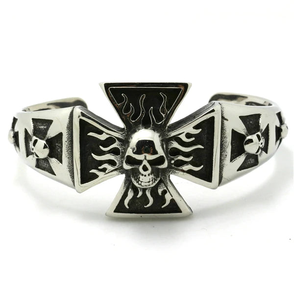 Men's Stainless Steel Biker Bracelet Cross Flame Skeleton Design