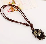 Men Punk Rock Necklace Brown Leather Long Chain Alloy Pendant