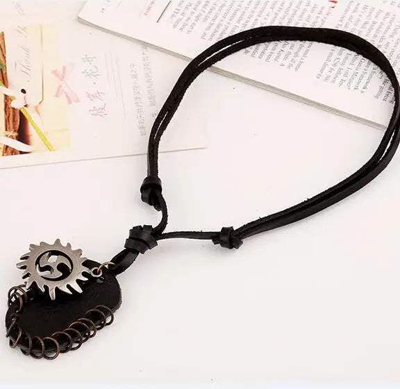 Men Punk Rock Necklace Brown Leather Long Chain Alloy Pendant