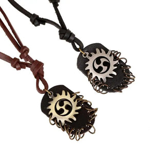 Men Punk Rock Necklace Brown Leather Long Chain Alloy Pendant