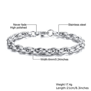 Men Rope Chain Stainless Steel Bracelet Silver