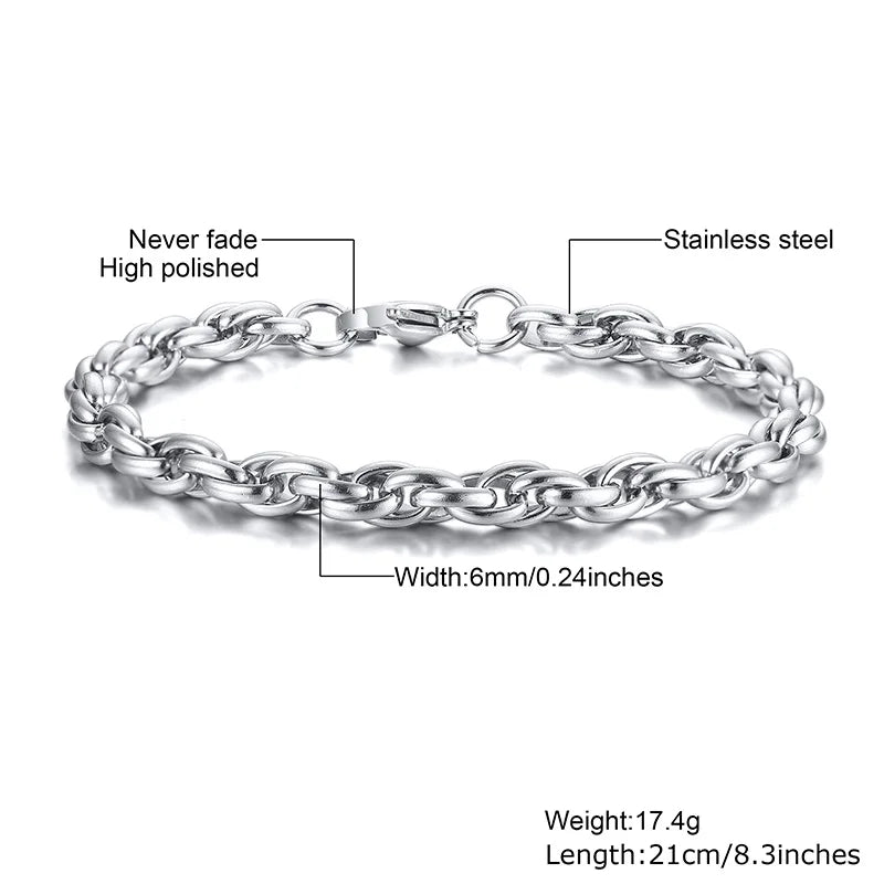 Men Rope Chain Stainless Steel Bracelet Silver