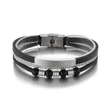Men's Stainless Steel Beaded Mesh Chain Leather Cord Bracelet