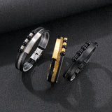 Men's Stainless Steel Beaded Mesh Chain Leather Cord Bracelet