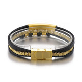 Men's Stainless Steel Beaded Mesh Chain Leather Cord Bracelet