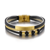 Men's Stainless Steel Beaded Mesh Chain Leather Cord Bracelet