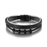 Men's Stainless Steel Beaded Mesh Chain Leather Cord Bracelet