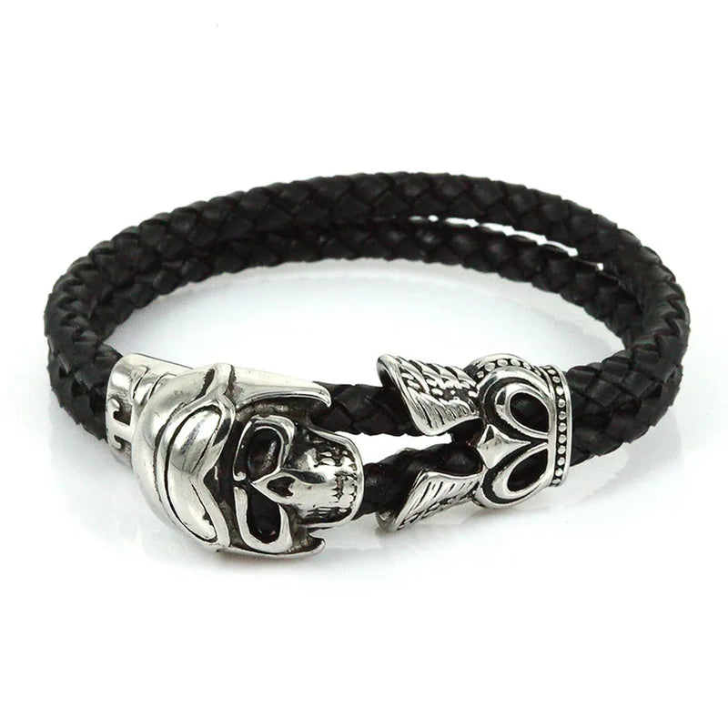 Men Steel Skeleton Head Charm Leather Cuff Bracelet Gift
