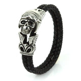 Men Steel Skeleton Head Charm Leather Cuff Bracelet Gift