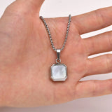 Men's Geometric Square Stone Necklace, 15mm Shell Pendant with Box Chain