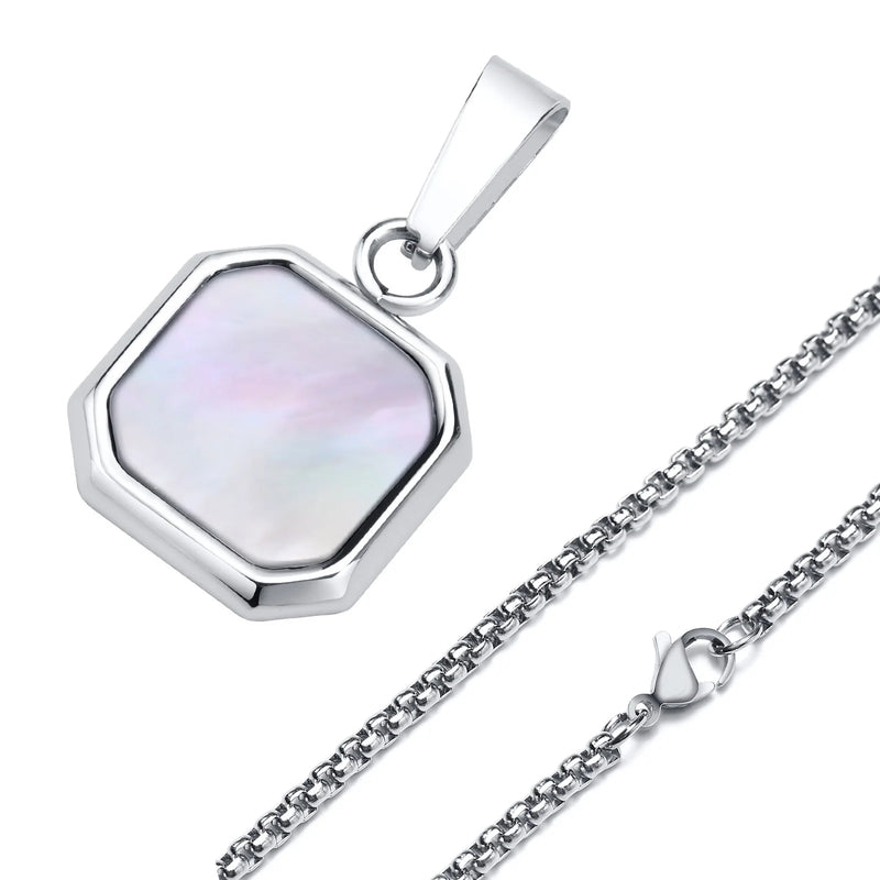 Men's Geometric Square Stone Necklace, 15mm Shell Pendant with Box Chain