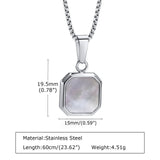 Men's Geometric Square Stone Necklace, 15mm Shell Pendant with Box Chain
