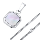 Men's Geometric Square Stone Necklace, 15mm Shell Pendant with Box Chain