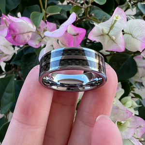 Men Women Tungsten Carbide Ring 8mm Double Grooved Carbon-Fiber Inlay
