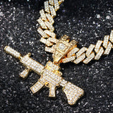 14MM Cuban Chain AK47 Gun Pendant Necklace Iced Out AAA Rhinestone Prong