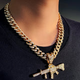 14MM Cuban Chain AK47 Gun Pendant Necklace Iced Out AAA Rhinestone Prong
