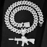 14MM Cuban Chain AK47 Gun Pendant Necklace Iced Out AAA Rhinestone Prong