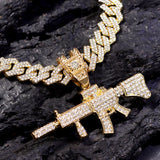 14MM Cuban Chain AK47 Gun Pendant Necklace Iced Out AAA Rhinestone Prong