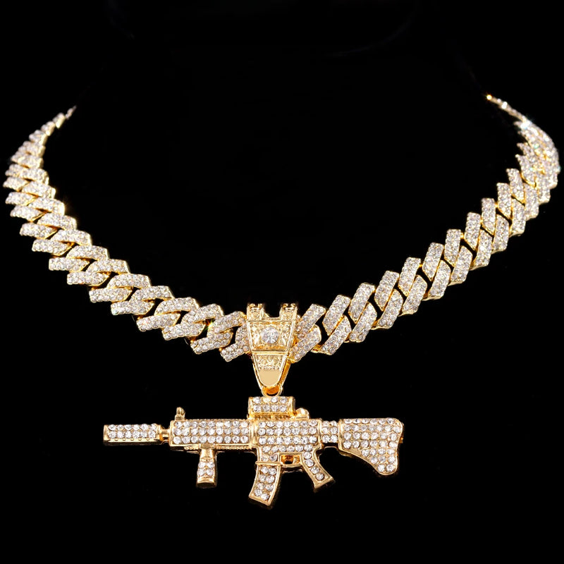 14MM Cuban Chain AK47 Gun Pendant Necklace Iced Out AAA Rhinestone Prong