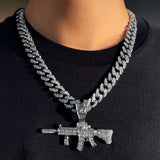 14MM Cuban Chain AK47 Gun Pendant Necklace Iced Out AAA Rhinestone Prong
