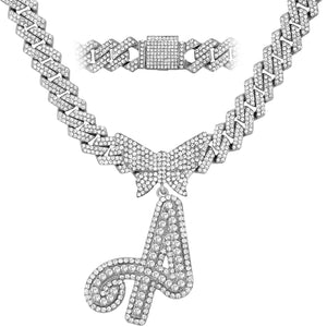 14MM Cuban Chain Crystal Butterfly Initials Name Pendant Necklace