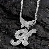 14MM Cuban Chain Crystal Butterfly Initials Name Pendant Necklace
