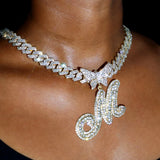 14MM Cuban Chain Crystal Butterfly Initials Name Pendant Necklace
