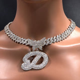 14MM Cuban Chain Crystal Butterfly Initials Name Pendant Necklace