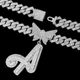 14MM Cuban Chain Crystal Butterfly Initials Name Pendant Necklace