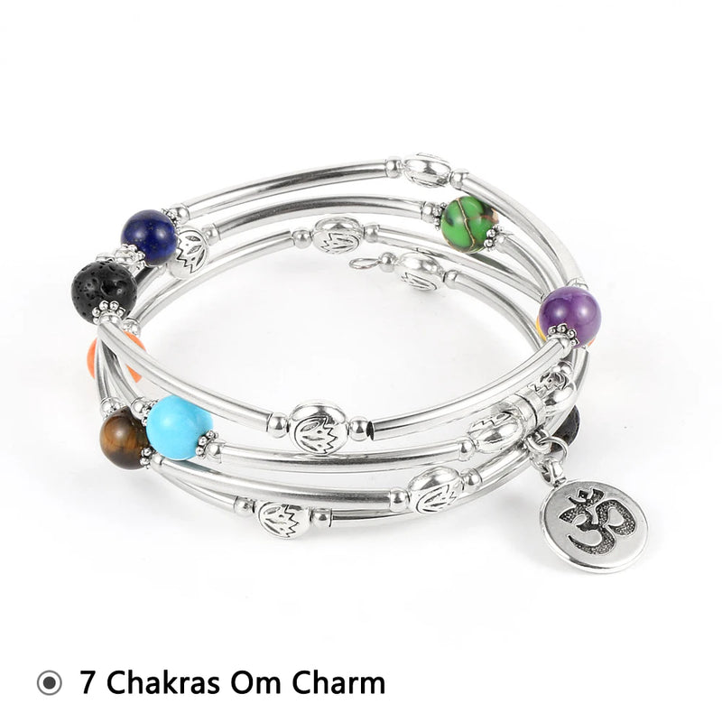 7 Chakra Bracelet Silvery Gemstone 4 Layered Wrap Bangle