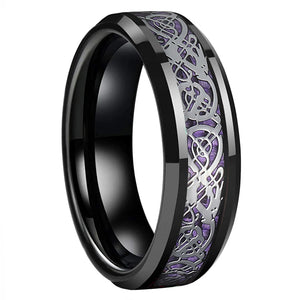 Tungsten Wedding Couple Ring 6mm 8mm Beveled Edges Dragon Purple Carbon-Fiber