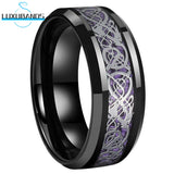 Tungsten Wedding Couple Ring 6mm 8mm Beveled Edges Dragon Purple Carbon-Fiber