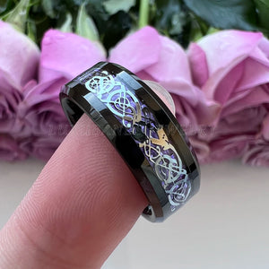 Tungsten Wedding Couple Ring 6mm 8mm Beveled Edges Dragon Purple Carbon-Fiber