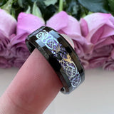 Tungsten Wedding Couple Ring 6mm 8mm Beveled Edges Dragon Purple Carbon-Fiber