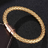 Golden Leather Hand Bracelet Rose Stainless Steel Magnet Wristband