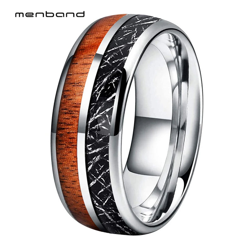 Tungsten Carbide Ring with Koa Wood Meteorite Inlay 8mm Band