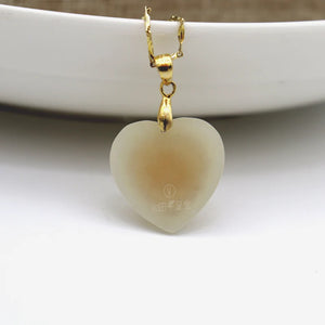 Men Women Double Heart Necklace 24K Carved Rose Flower Hetian Jade Pendants