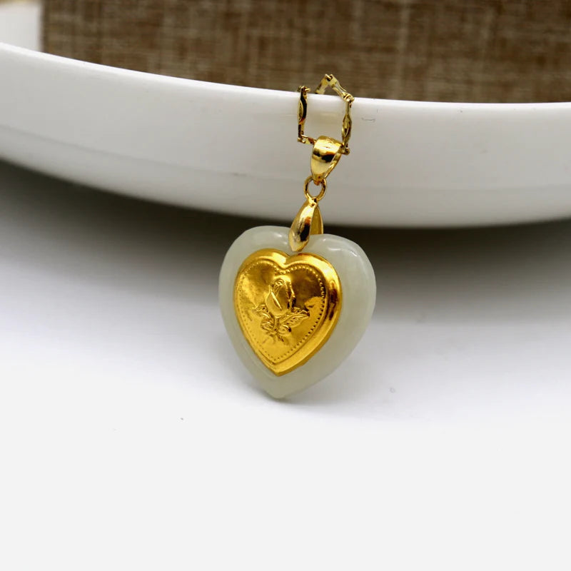 Men Women Double Heart Necklace 24K Carved Rose Flower Hetian Jade Pendants