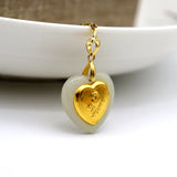 Men Women Double Heart Necklace 24K Carved Rose Flower Hetian Jade Pendants