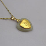Men Women Double Heart Necklace 24K Carved Rose Flower Hetian Jade Pendants