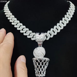 Hip Hop Basketball Pendant Necklace Cuban Chain Iced Out Punk Jewelry