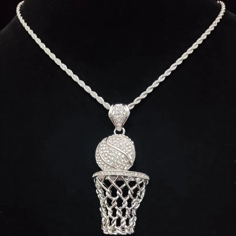 Hip Hop Basketball Pendant Necklace Cuban Chain Iced Out Punk Jewelry