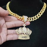 Hip Hop Crown Pendant Necklace Cuban Chain Iced Out Bling Necklaces
