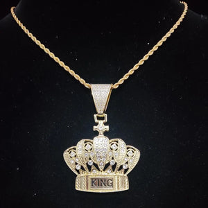 Hip Hop Crown Pendant Necklace Cuban Chain Iced Out Bling Necklaces