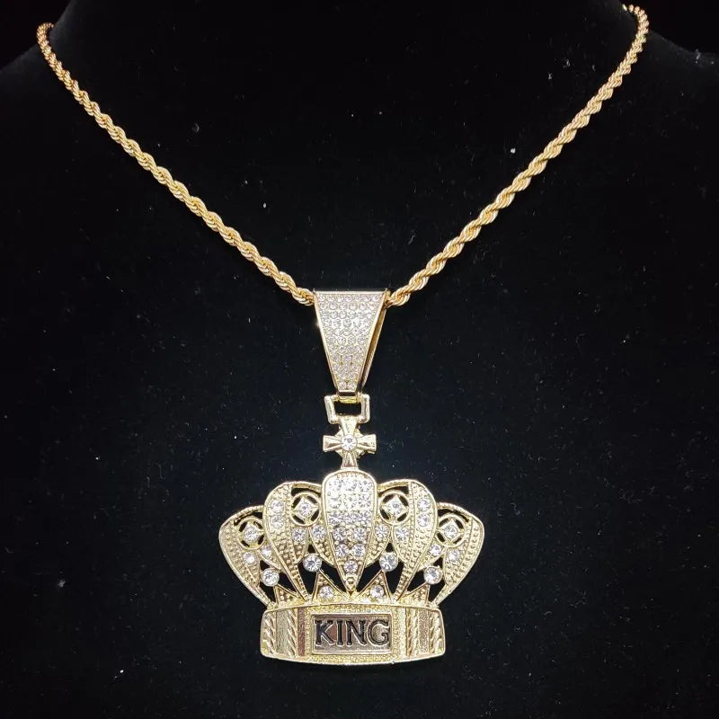 Hip Hop Crown Pendant Necklace Cuban Chain Iced Out Bling Necklaces