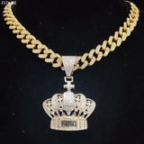 Hip Hop Crown Pendant Necklace Cuban Chain Iced Out Bling Necklaces