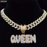 Hip Hop Full Rhinestone KING QUEEN Pendant Necklace Cuban Chain Iced Out Bling