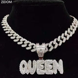 Hip Hop Full Rhinestone KING QUEEN Pendant Necklace Cuban Chain Iced Out Bling