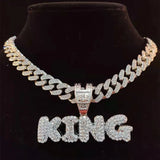 Hip Hop Full Rhinestone KING QUEEN Pendant Necklace Cuban Chain Iced Out Bling
